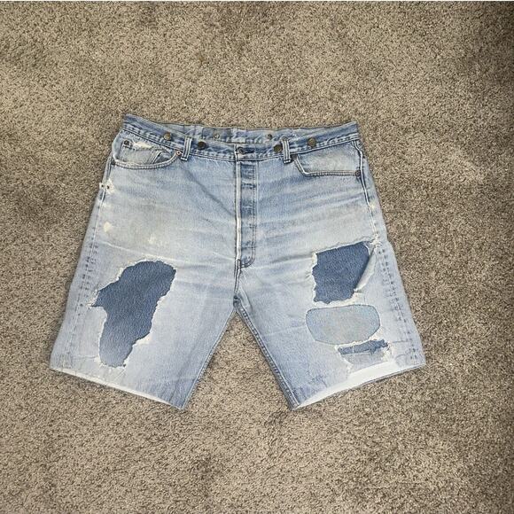 Vintage Levis 501 Patched Denim Jean Jorts 40x10 - Picture 1 of 5